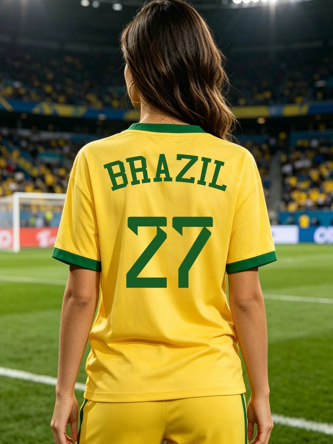 Women’s Brazil Flag Soccer Print T-Shirt - تيشيرت نسائي بطباعة علم البرازيل لكرة القدم