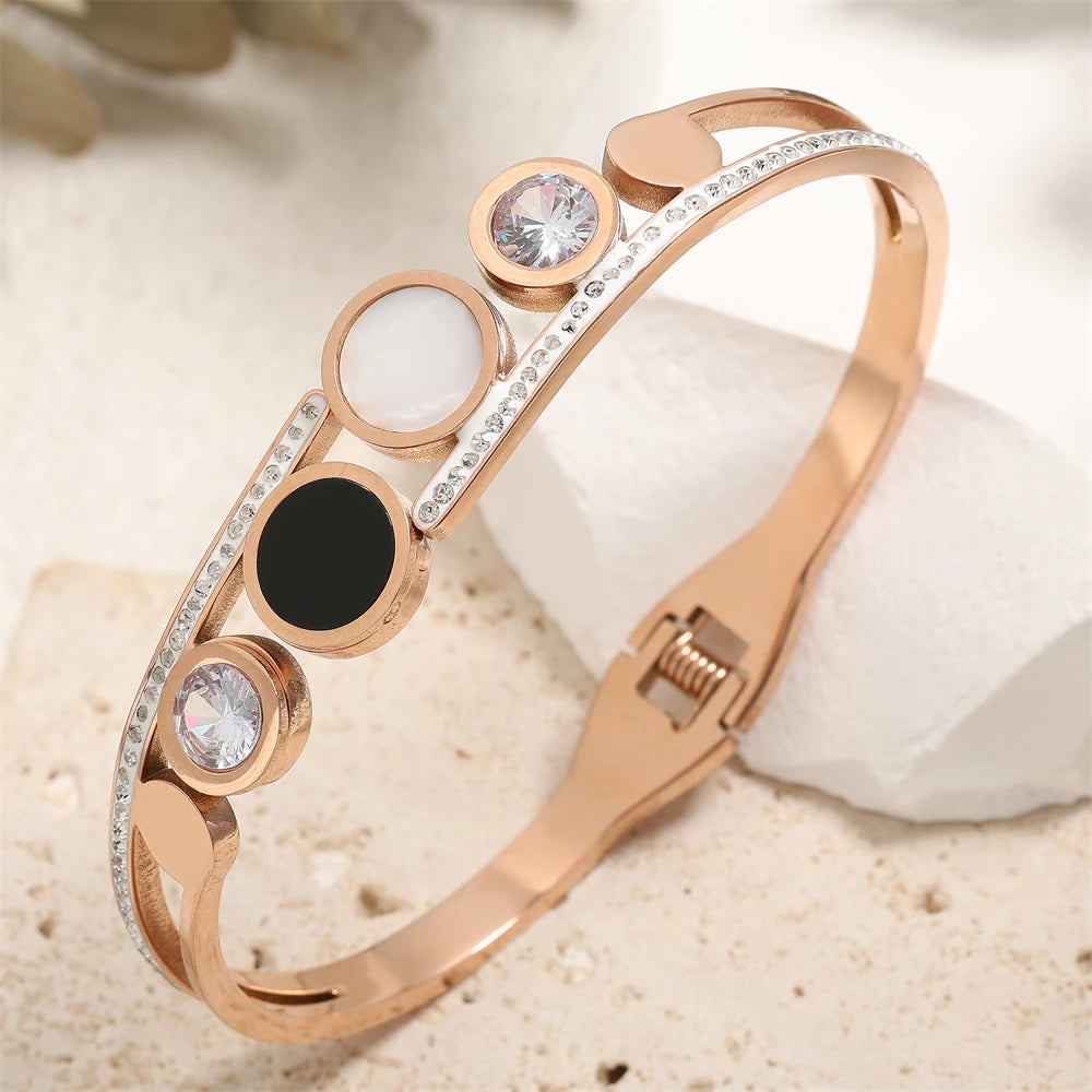 ZAKOL Fashion Black Shell Roman Numeral Titanium Steel Bangle Hollow Circle Button Bracelet Jewelry Gifts for Women