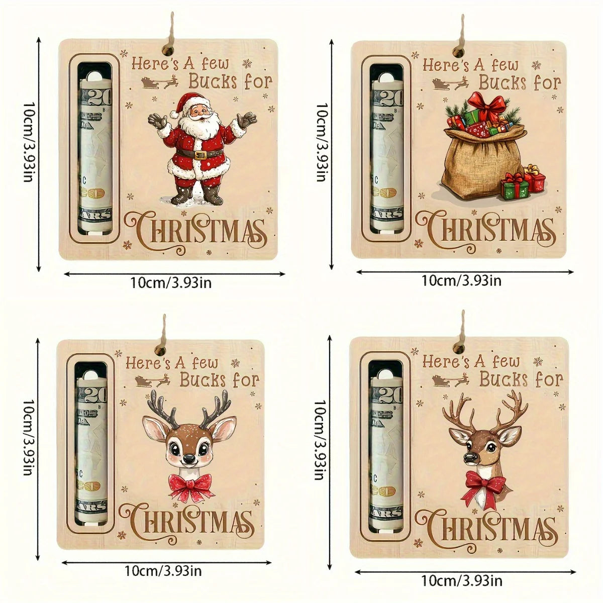 4/12pcs Christmas Gift Money Holder Ornament -Wooden Festive Tree Accessory with Santa,Reindeer Design,Christmas Party Ornaments
