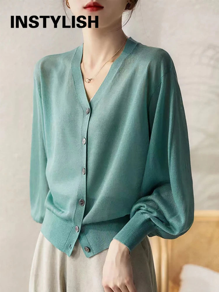 Women Elegant V Neck Single Breasted Thin Sun-proof Cardigan Elegant Korean Knit Simple Solid Sheer Tops Summer Casual Outwear