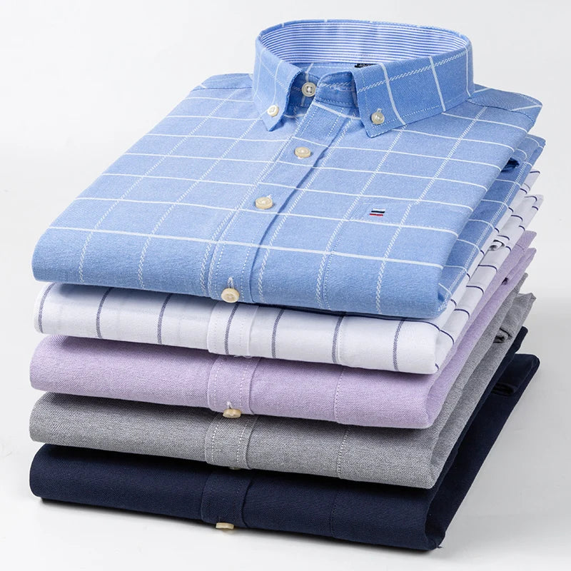 Men Social Shirts Long Sleeve 100% Pure Cotton Oxford Soft Buttoned Plaid Formal Male Clothes Oversized Shirt Plus Size 6XL 7XL