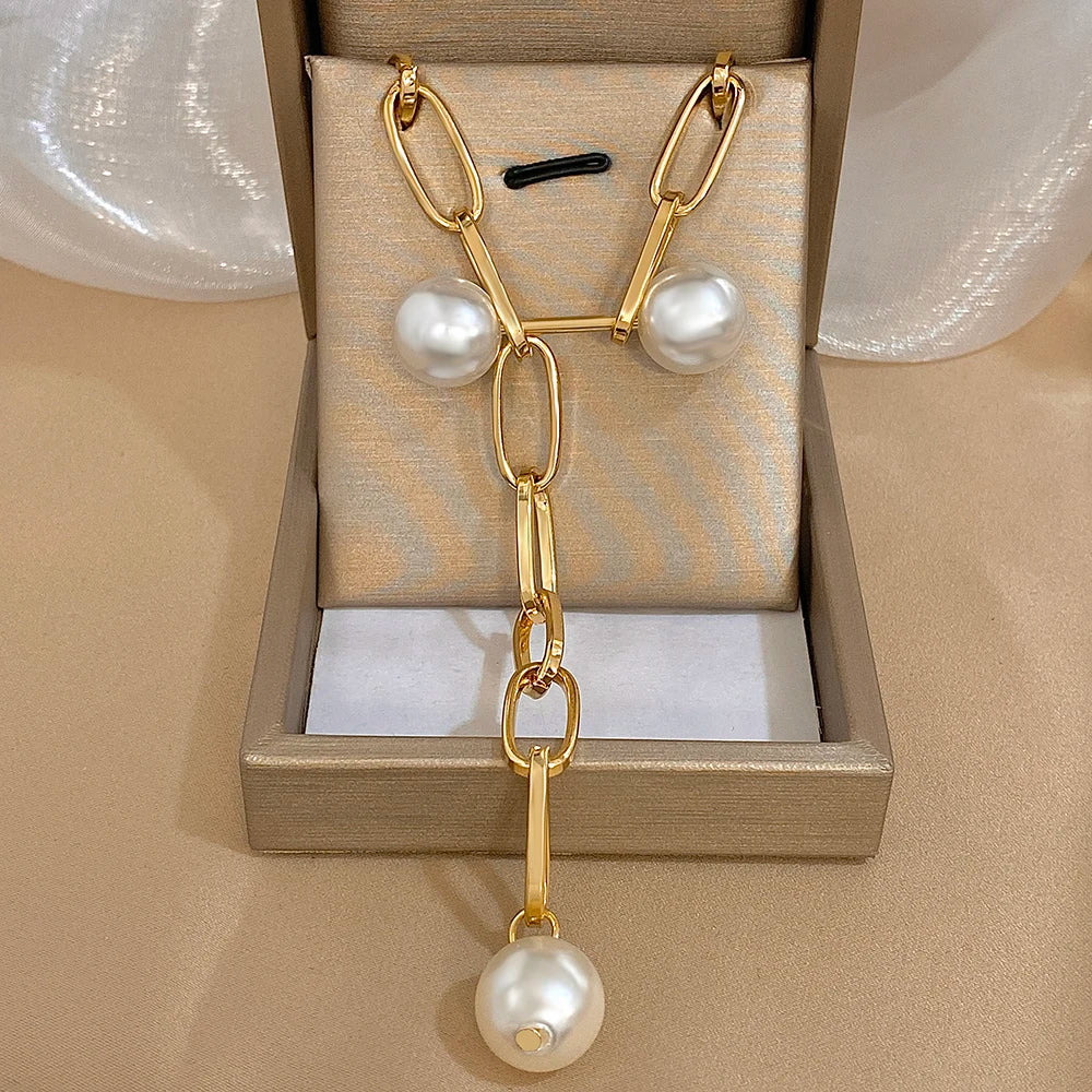 Trendy Women's Necklace Gold Color Metal Long Chain Pearl Round Beads Pendant Necklace Statement Party Daily Jewelry Gift