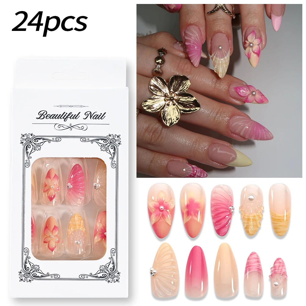 24pcs Mid-length Almond Wearable Press on Nails Gradient Pink Flower Pearl Design False Nails French Petal Fake Nails Tips