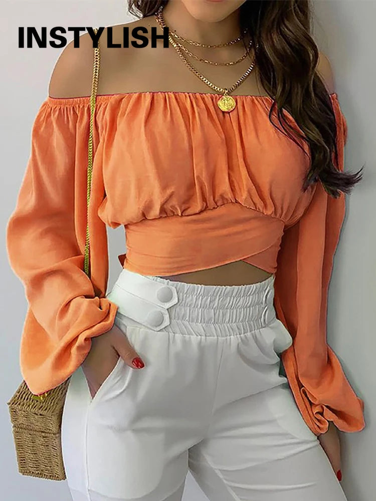 Women Elegant Boho Print Blouse Casual Long Lantern Sleeve Off Shoulder Slim Shirt Female Chic Cropped Top Summer Tunics