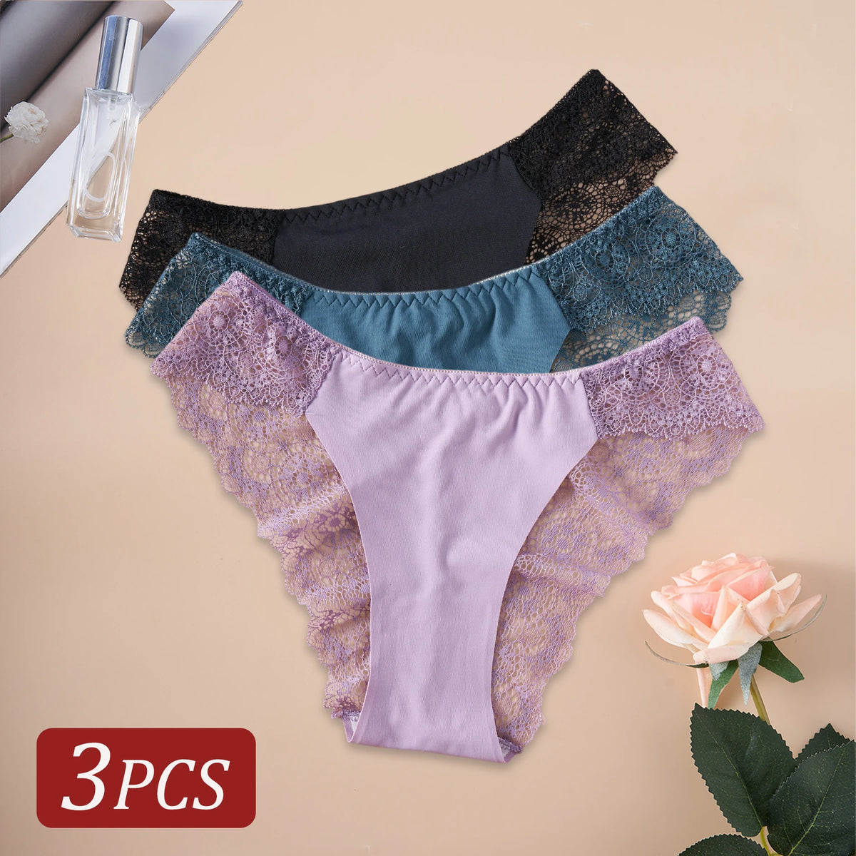 3PCS Women's Panties Satin Seamless Underwear Lace Floral Sexy Lingerie Solid Color Low-Waist High Quality Briefs Breathable
