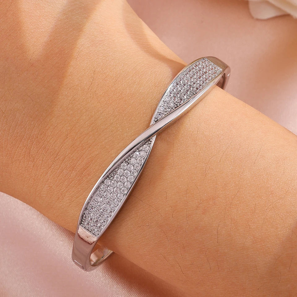 ZAKOL Exquisite Micro Inlaid Zircon Twisted Cuff Bangle Bracelets for Women Copper Wristband Bracelet Wedding Party Jewelry