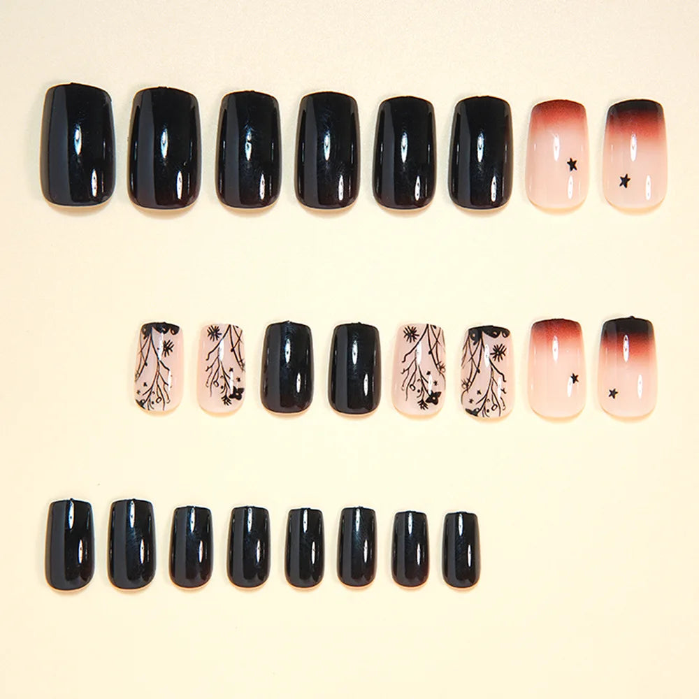 Medium fake nails for women girls gradient nude black flowers strips design Almond square shape full cover press on false nail