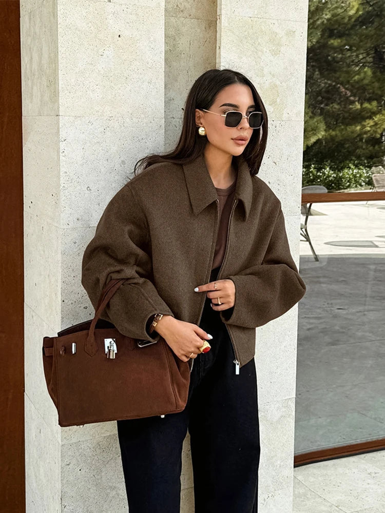 Elegant Women's Woolen Coat Zipper Long Sleeve Blazer Thick Warm Office Lady Tops 2026 Autumn Winter Fashion Short Streetwear