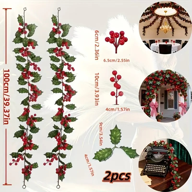 4Pcs 100cm Artificial Holly Berry Garland, Bendable Green Holly Leaf Red Berry Vine, Christmas Mantel Arch Stair Hanging Rattan