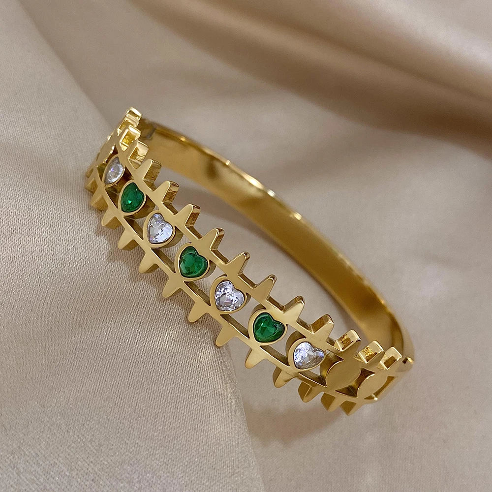 Flashbuy Trendy Chic Green Zircon Stainless Steel Bangle Bracelets for Women Charm Texture Simple Gold Color Accessories