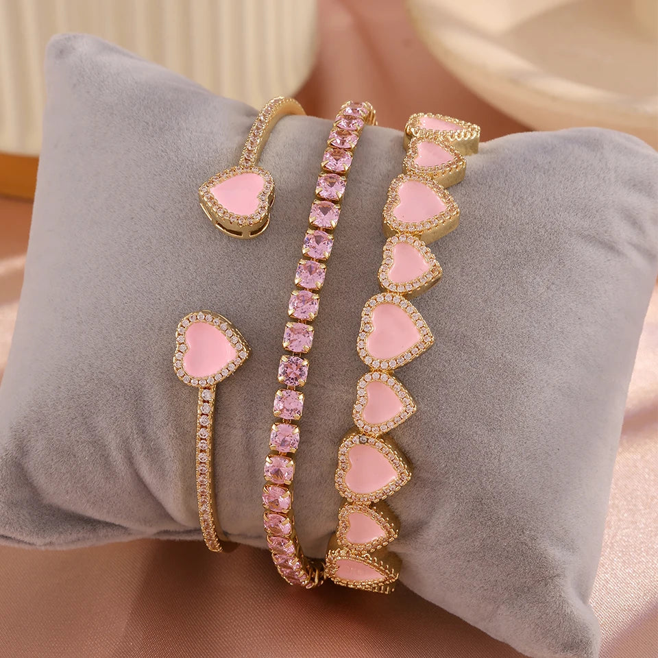 ZAKOL Sweet Fashion Pink Heart Cz Stacking Bracelets for Women Girls Shiny Cubic Zirconia Cuff Bracelet Bangles Jewelry Gift