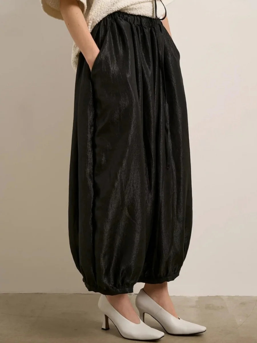Women's Shiny Satin Solid Loose Fit Lantern Pants Elastic Waist Trousers Casual High Waist Commute Puffy Balloon Streetwear