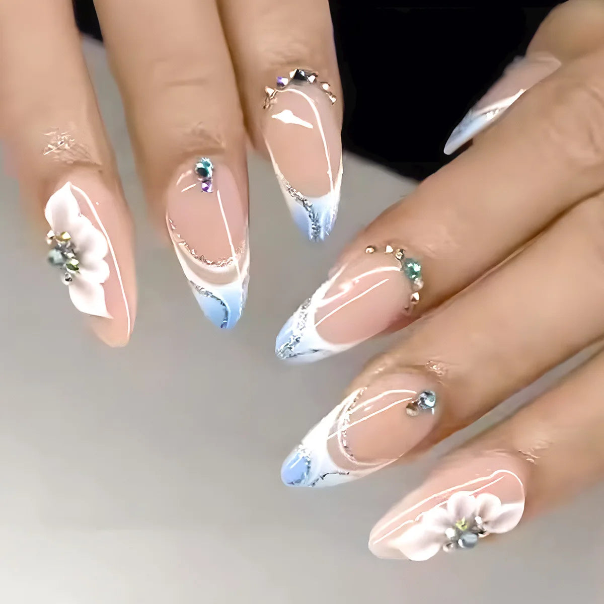 24Pcs Purple Flower Stiletto Round Head Press on Nails False Nails Almond Fake Nails French Wearable Full Cover Nail Tips
