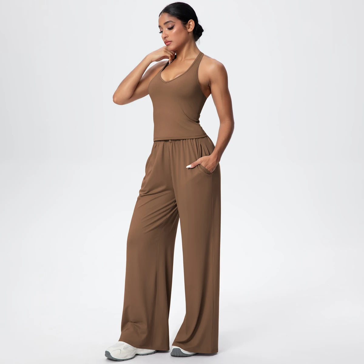Breathable Loose Wide Leg Pants and Yoga Vest Set Solid Color High Stretch Pockets Pants Beautiful Back T-shaped Vest Yoga Suit