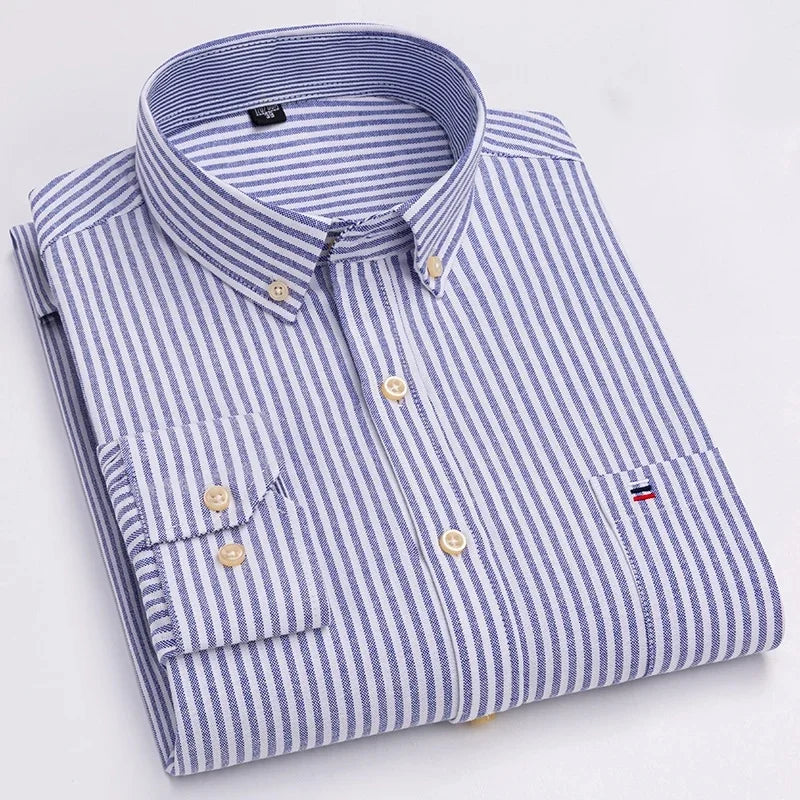 Men Social Shirts Long Sleeve 100% Pure Cotton Oxford Soft Buttoned Plaid Formal Male Clothes Oversized Shirt Plus Size 6XL 7XL