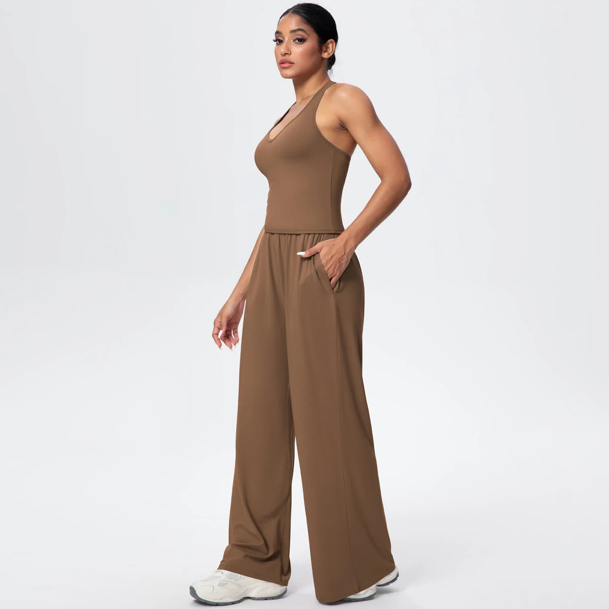 Breathable Loose Wide Leg Pants and Yoga Vest Set Solid Color High Stretch Pockets Pants Beautiful Back T-shaped Vest Yoga Suit