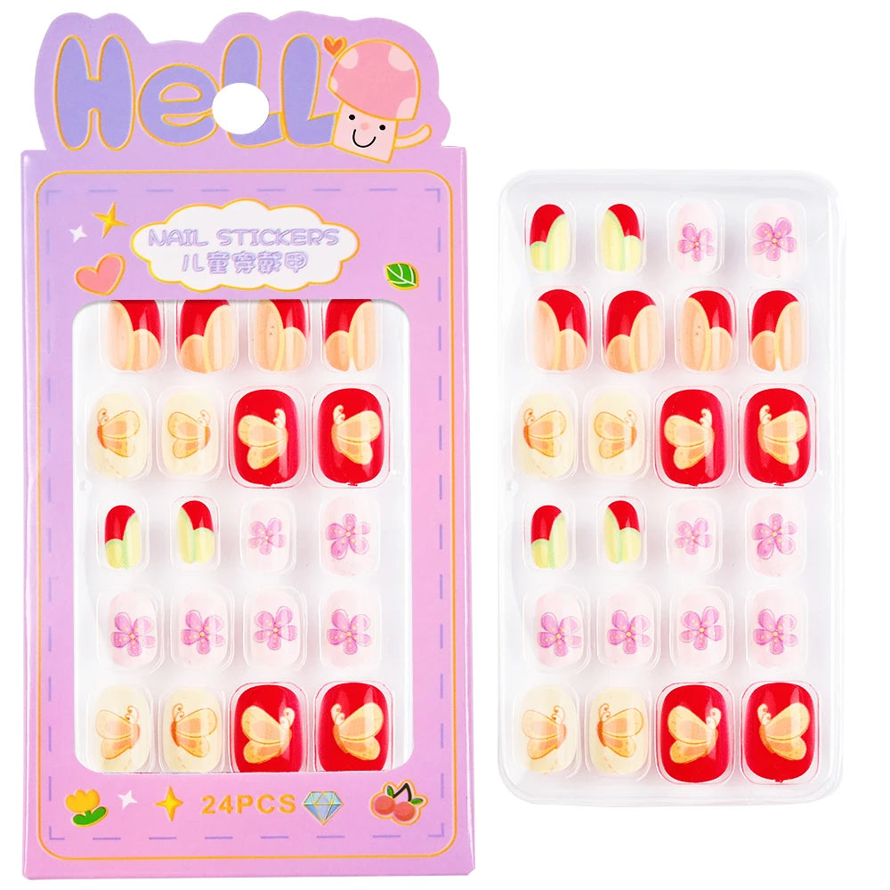 24Pcs/Box Cartoon Heart Bow Rainbow Design Kid Fake Nails Tips Cute False Nail Girls Press on Nails Full Cover Short Fingernails