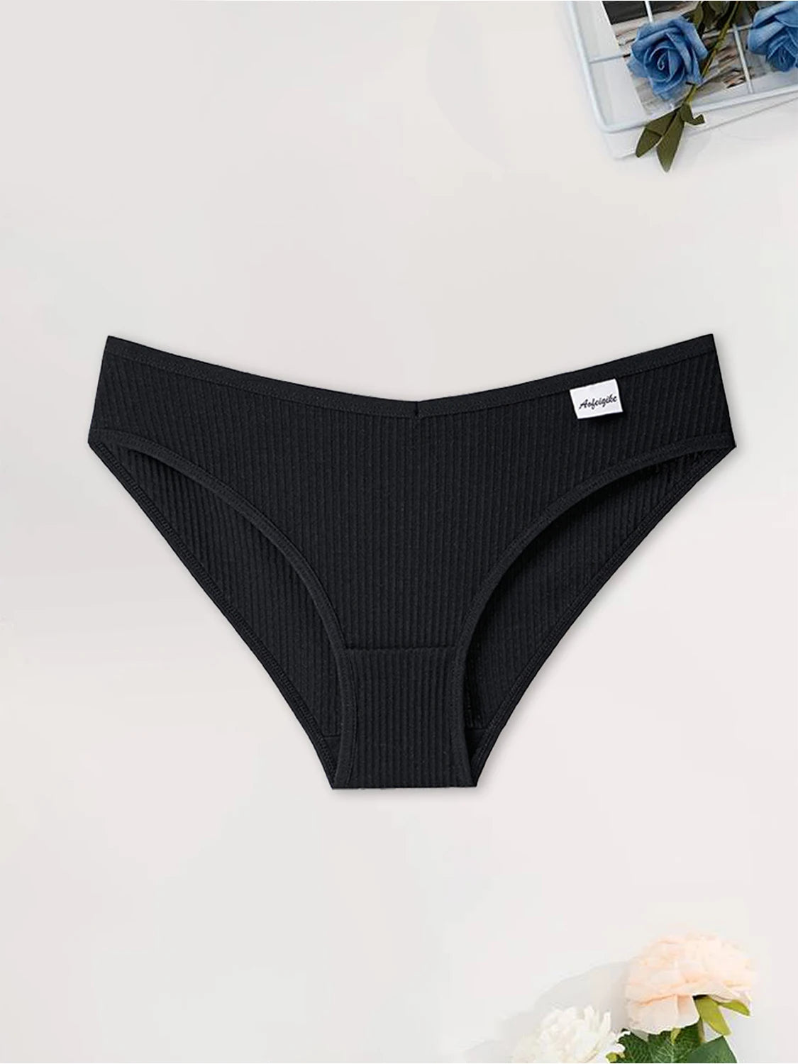 5PCS Black Cotton Women Panties Sexy Low Waist Underpants Girls Solid Color Striped Briefs Lingerie Breathable Underwear XS-XXL