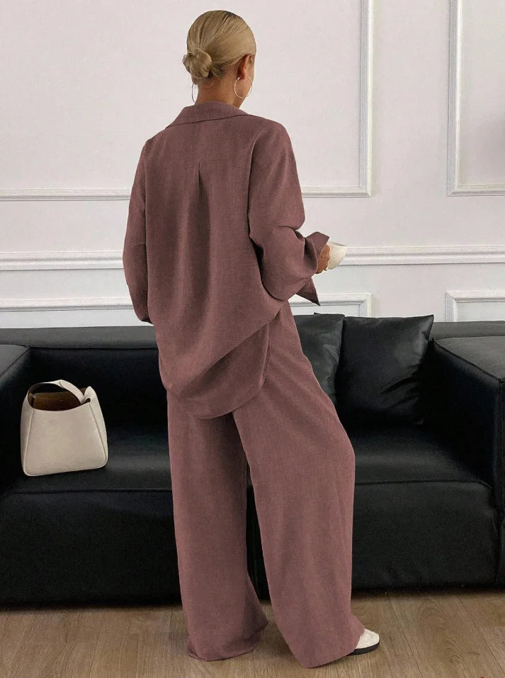 2026 New Women Linen Two Piece Outfit Set Lapel Long Sleeve Button Shirts Elastic Waist Wide Leg Pants Casual Loose Home Suit