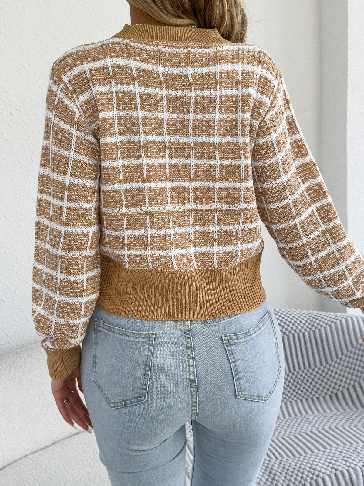 2026 Elegant Contrast Color Plaid Knitted Cardigan Sweater Single Breasted Lantern Long Sleeve Coats Women Autumn Winter Casual