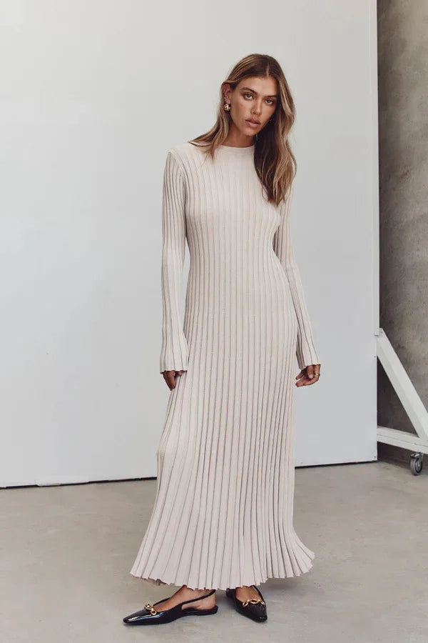 Vintage Lace-Up Female Knit Maxi Dress Elegant High Waist Patchwork Long Sleeve Loose Solid Dress Bodycon Knitwear Basic Dresses