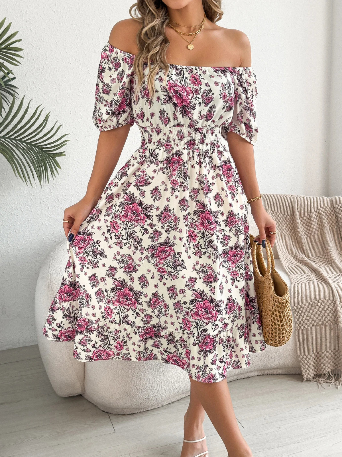 2026 Fashion Floral Print Dress for Women Spring Summer Casual Square Neck Short Sleeve Ruffled Long Dresses Woman Clothing