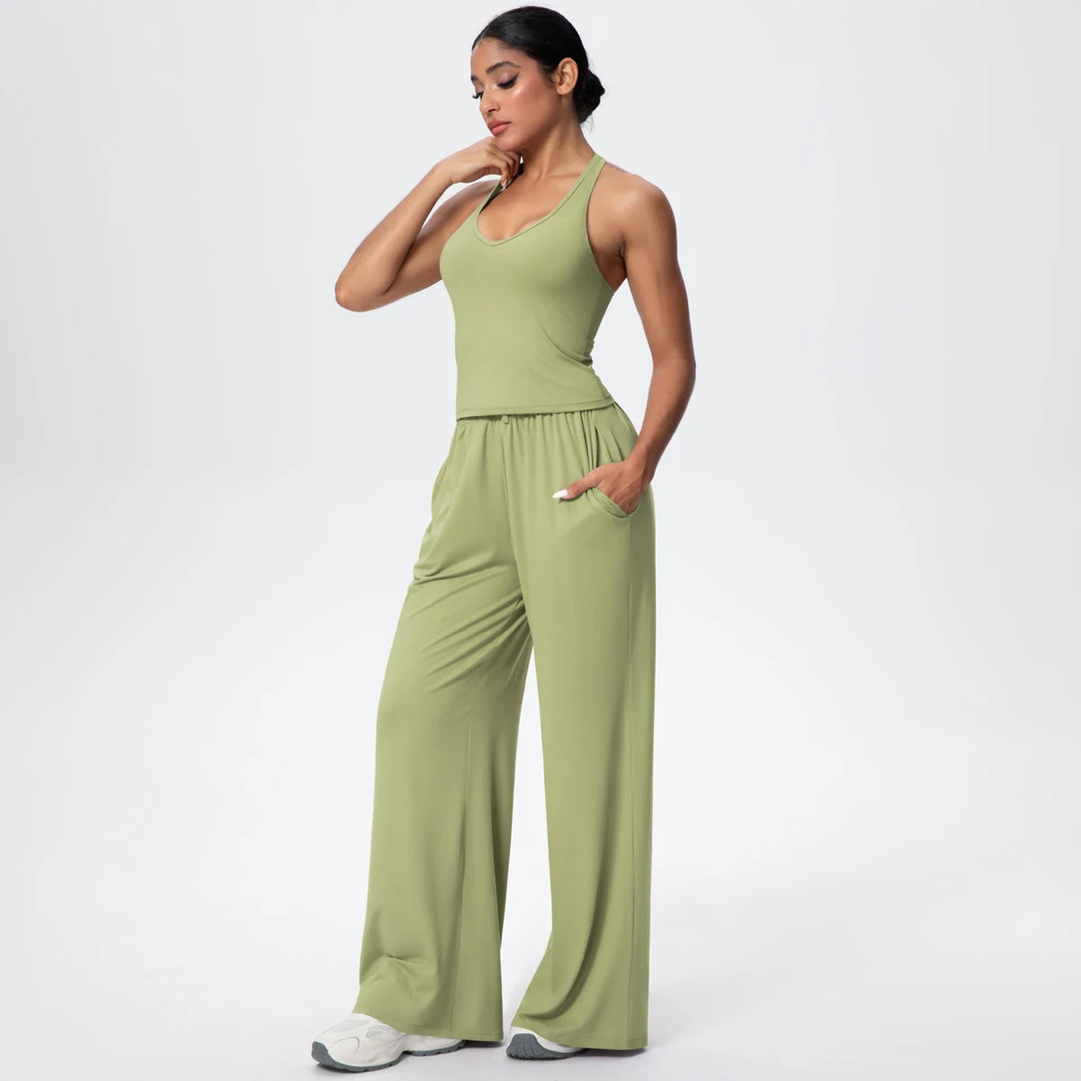 Breathable Loose Wide Leg Pants and Yoga Vest Set Solid Color High Stretch Pockets Pants Beautiful Back T-shaped Vest Yoga Suit