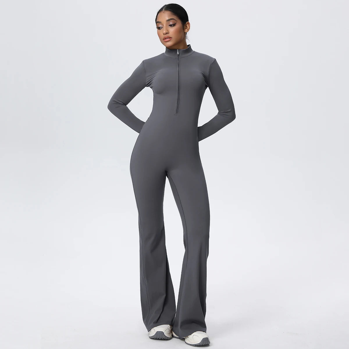 Woman's Fitness Yoga Bodysuit Solid Color Yoga Zipper Long Sleeves Trousers Gym High Strength Exercise Sports Bodysuit Leggings