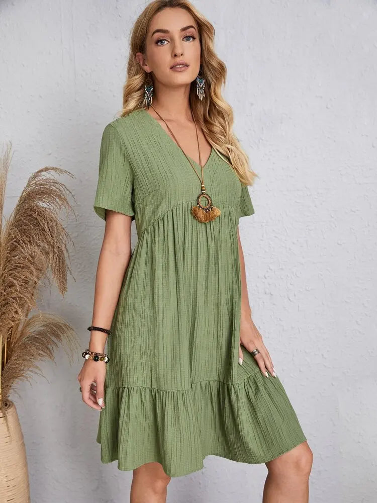 Women Elegant V Neck Ruffles Mini Dress Summer Vintage Solid Loose Sundress Bohemian Casual Solid Beach Party Vestidos