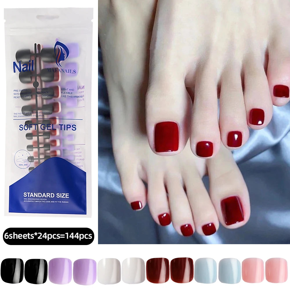 144/120Pcs Mixed Short Square False Toenails Acrylic Full Cover False Toe Nails Foot Nail Tips Extension Women Press on Toenails