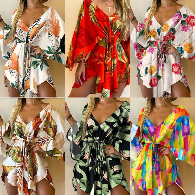 Sexy V-Neck Floral Boho Dress – Asymmetrical Loose Fit with Batwing Sleeves | فستان بوهيمي صيفي واسع بنقشة أوراق وياقة V وأكمام بات وينغ غير متماثل