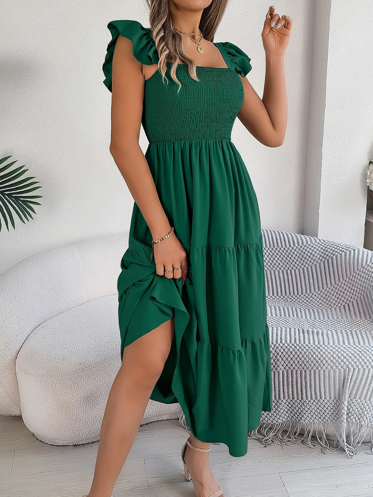 Spring Summer Solid Color Edible Tree Fungus Edge Square Neck Sleeveless Holiday Dress Elegant Long Dresses for Women Rose Blue