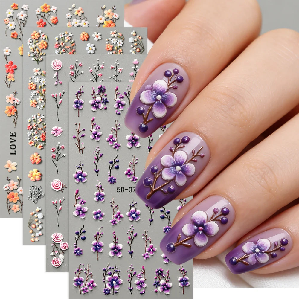 1Pc 5D Embossed Lavender Flower Nail Sticker Spring Floral Leaves Self-Adhesive Sliders Rose Heart Decals Manicure Decoration