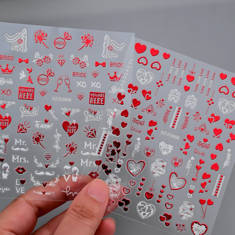 1Pc 3D Red Love Heart Nail Art Stickers Rose Flower Lip Self Adhesive Decals Valentine' Day Nail Sliders For Manicure Decoration