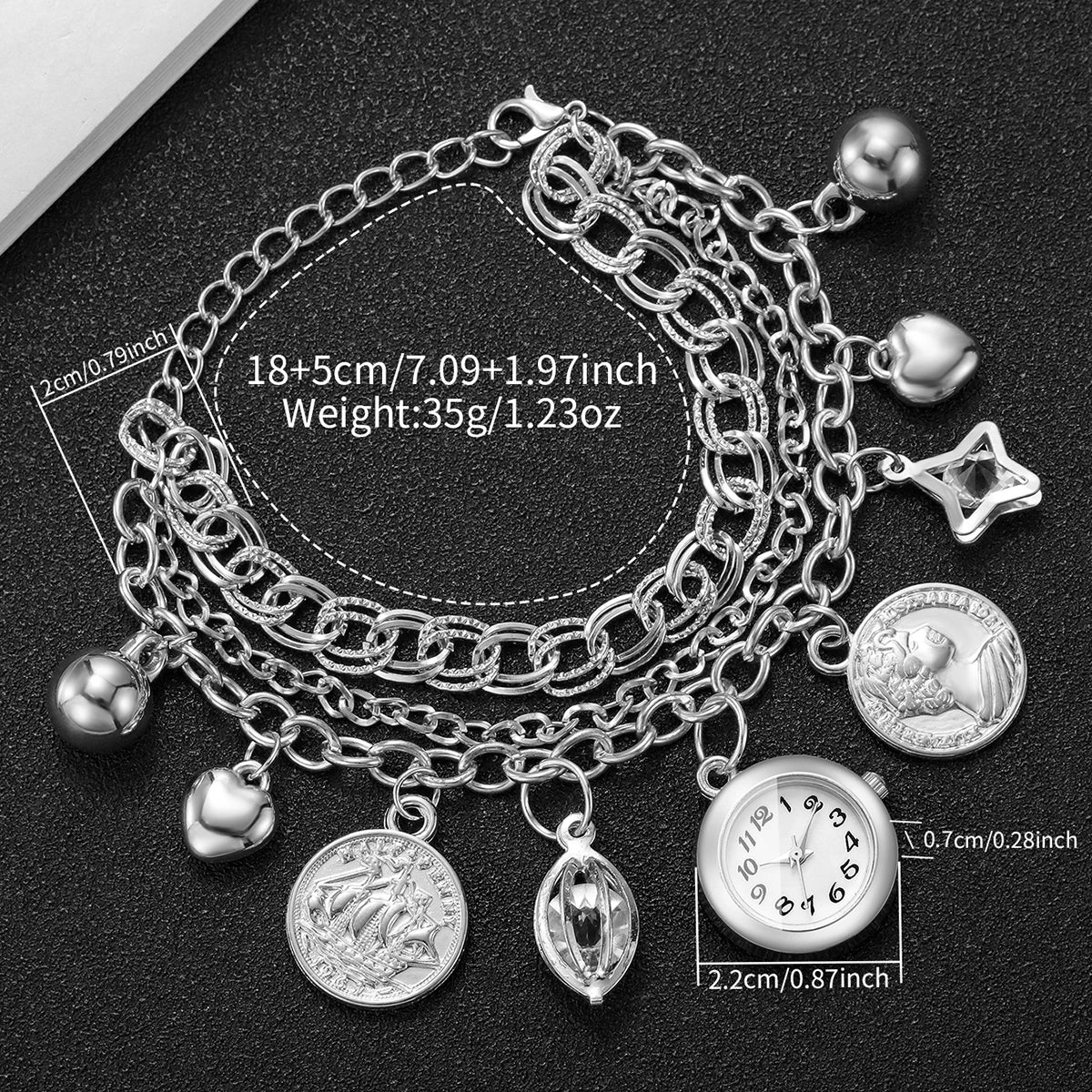 Fashion Women Silver Multi‑Layer Bracelets Watch Coin Bell Crystal Charm Ladies Quartz Wristwatches Relogio Feminino（Without Box