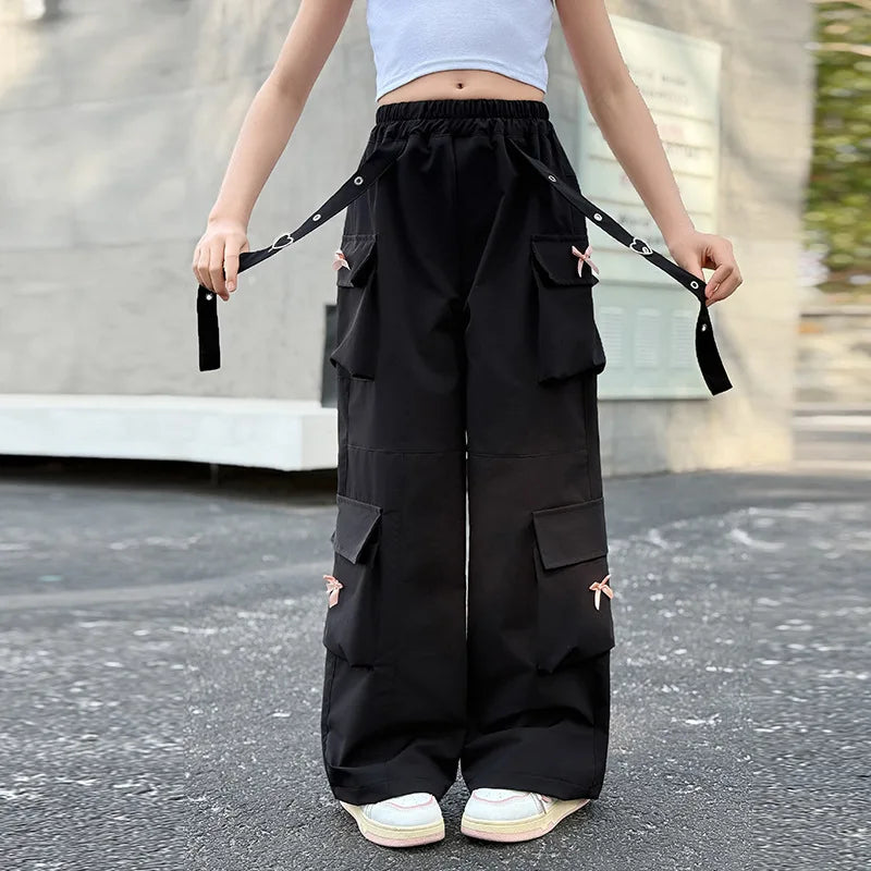 Kids Cargo Pants with Side Pocket for Tweens Girl High Fashion Hip Hop Bow Trousers Child Street  Pink Black Trackpants Hot Sell