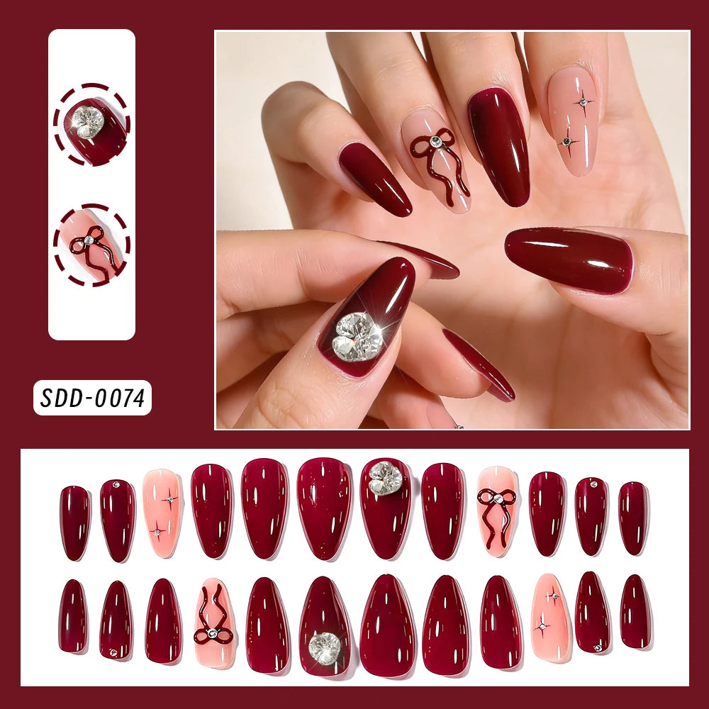 24Pcs Red Bowknot Design False Nails Medium Almond Fake Nail Tips Extension with Shiny Diamond for Women Wearable Press on Nails