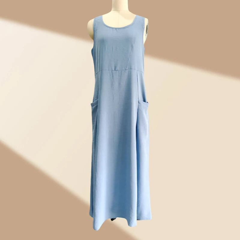 Women Casual Sleeveless A Line Dress with Pockets Vintage Hrajuku Loose Midi Length Maxi Dress Summer O Neck Cotton Linen Dress