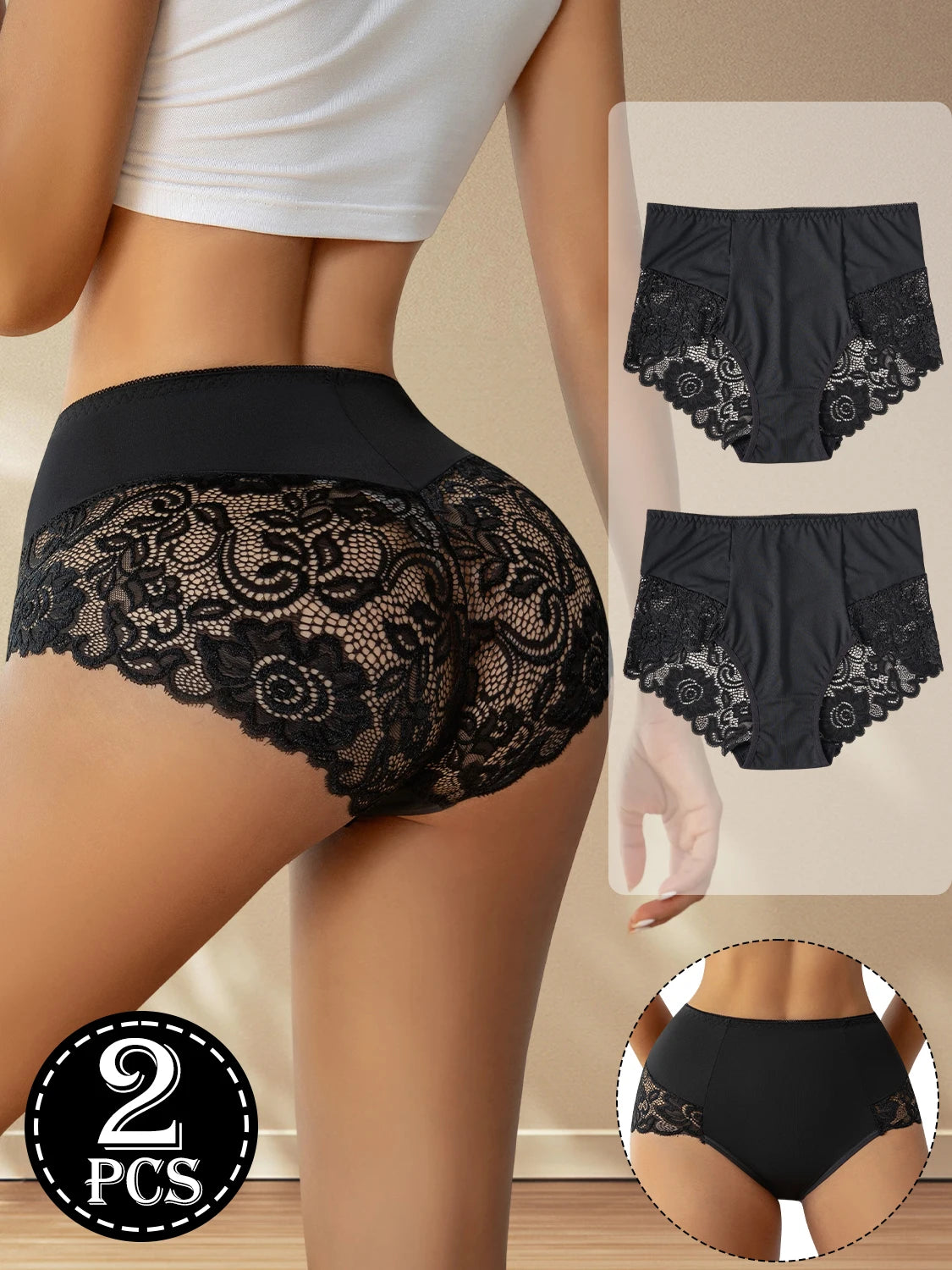 2PCS Black High Waist Women's Underwear Hollow Out Lace Floral Sexy Panties Solid Color Comfortable Briefs Lingerie S-XXL