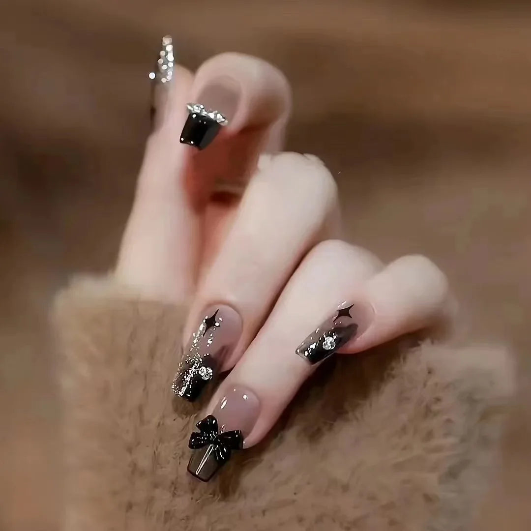 24Pcs Black Bow Ballet French False Nails Acrylic Full Cover Fake Nails with Star Bowknot Rhinestone Coffin Press on Nails
