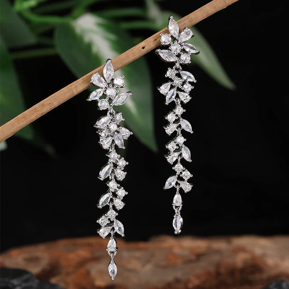ZAKOL Fashion Cubic Zirconia Leaf Long Dangle Earrings for Elegant Women White Leaves Drop Earring Bridal Wedding Jewelry