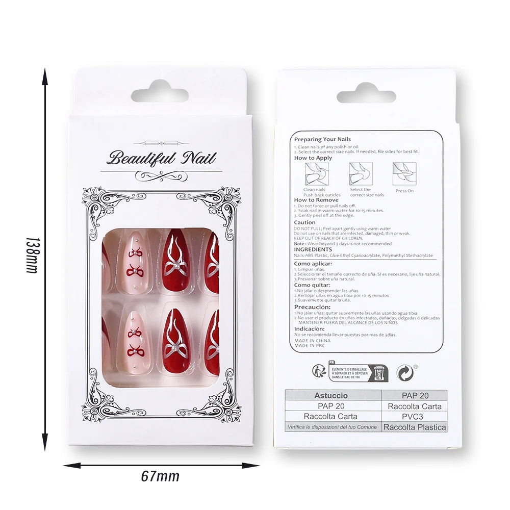 24Pcs Cute Cherry French Almond False Nails with Bow Design Acrylic Wearable Artificial Press on Nails Full Cover Fake Nail Tips