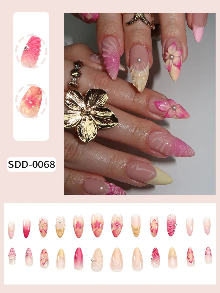 24pcs Mid-length Almond Wearable Press on Nails Gradient Pink Flower Pearl Design False Nails French Petal Fake Nails Tips