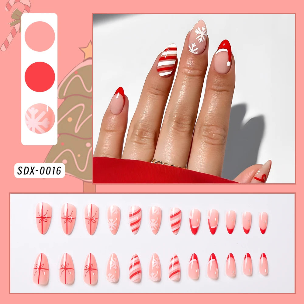 24Pcs Glitter powder French Christmas Fake Nails Almond Full Cover False Nails Snowflake with Bowknot Rhinestone Press On Nails
