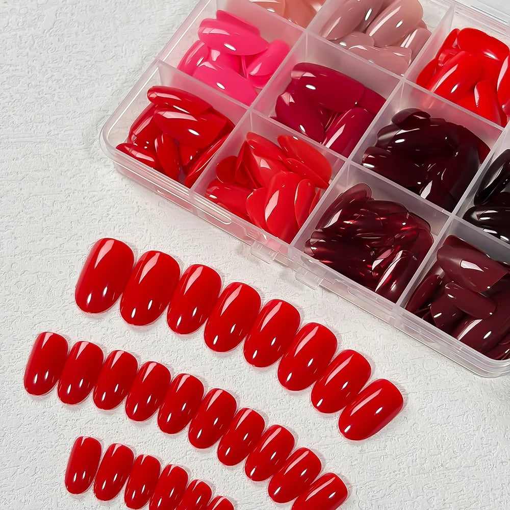 288Pcs Short Almond Full Cover Fake Nail Tips Extensions Red/Nude/Pink Stiletto False Nails for Women DIY Wearable Press on Nail