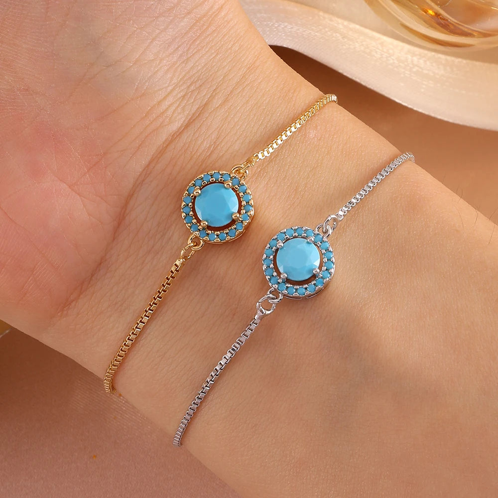 ZAKOL Simple Elegant Blue Turquoise Round CZ Adjustable Chain Bracelet Cute Daily Accessories for Women Girls