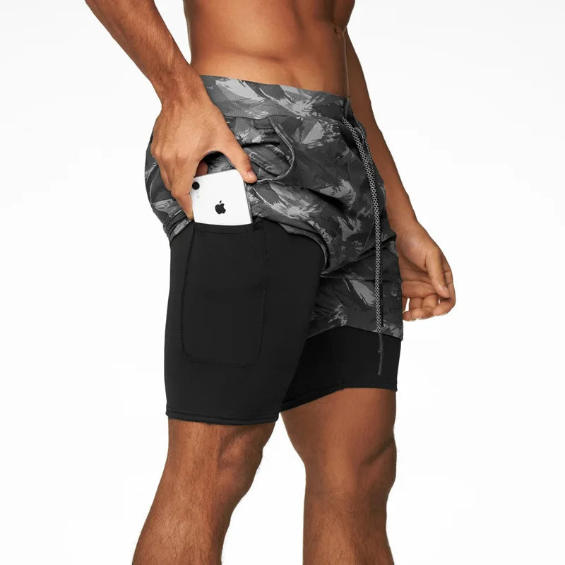 Men Running Shorts Camo Gym Sports Shorts 2 in 1 Quick Dry Workout Fitness Training Jogging Short Summer with Pocket Men Shorts