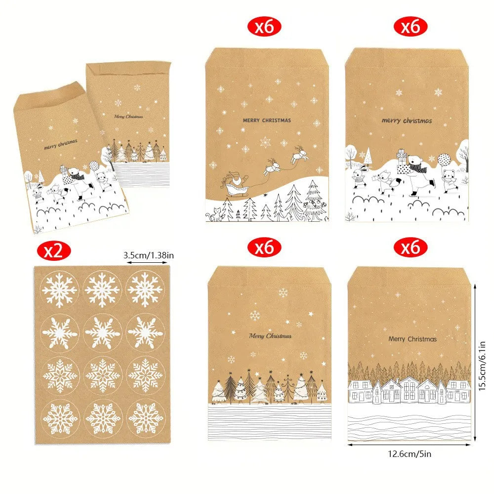 24Pcs Merry Christmas Cartoon Kraft Paper Goodie Bags, Vintage Xmas Candy Treat Bags with Snowflake Prints,Party Favor Packaging