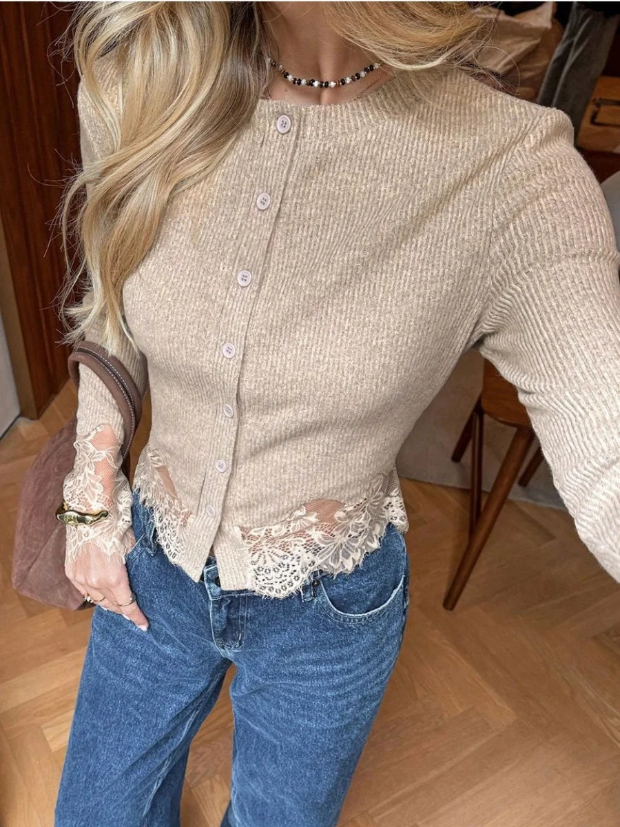 Women's Lace Patchwork Knitted Cardigan Casual O-Neck Hollow Out Long Sleeve Slim Fit Sweaters New Female Spring Autumn Knitwear