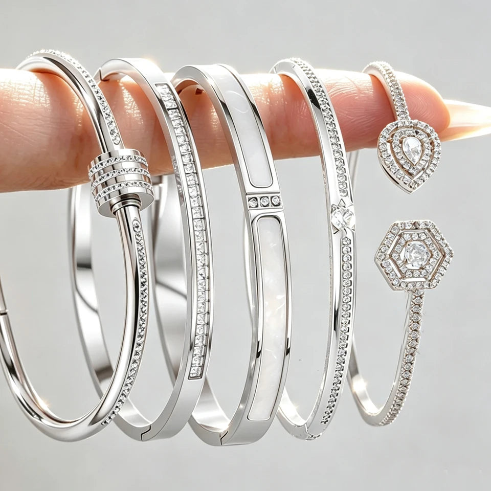 ZAKOL 5/1pcs Sparkling Zirconia Inlaid Stainless Steel Copper Bracelet Set for Women Luxury Shiny Zircon Stackable Jewelry Gift